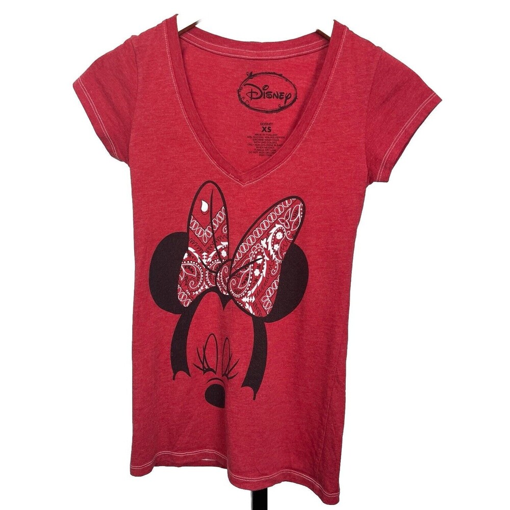 Disney Top T Shirt Minnie Mouse Short Sleeve‎ V Neck Stretch Cotton Red XS